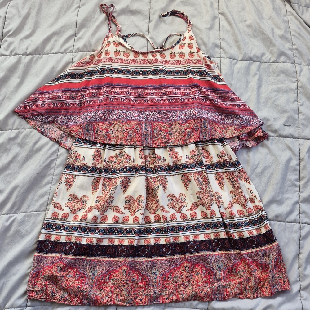 Altar'd State Boho Tiered Paisley Mini Dress, Large, Red & Blue